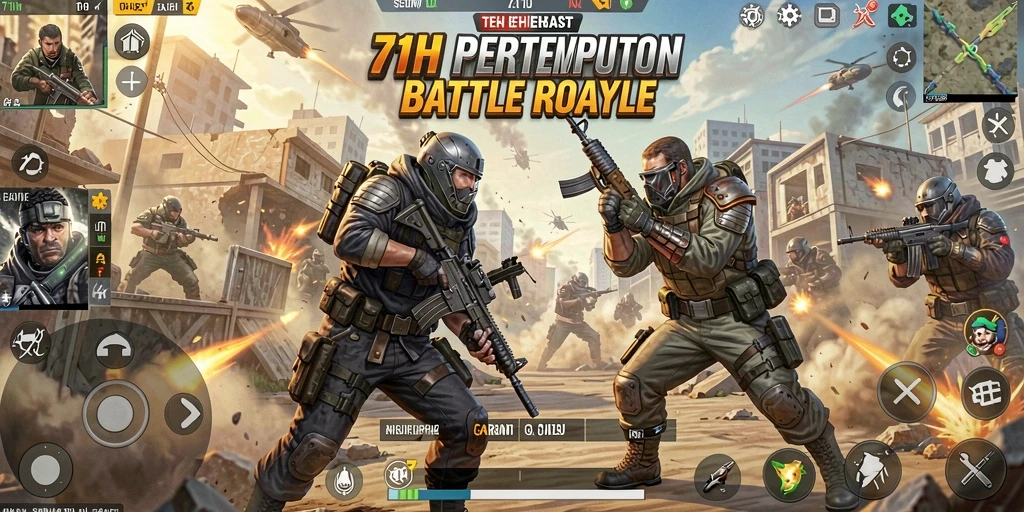 Screenshot gameplay 71H menampilkan pertarungan Battle Royale yang mendebarkan.