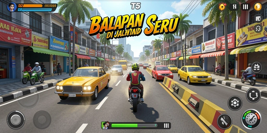 Tampilan gameplay balapan seru di T6 dengan kendaraan cepat.