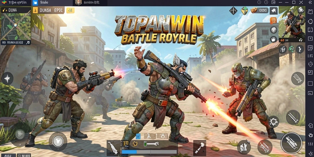 Screenshot gameplay TOPANWIN menunjukkan aksi seru dalam pertempuran Battle Royale.